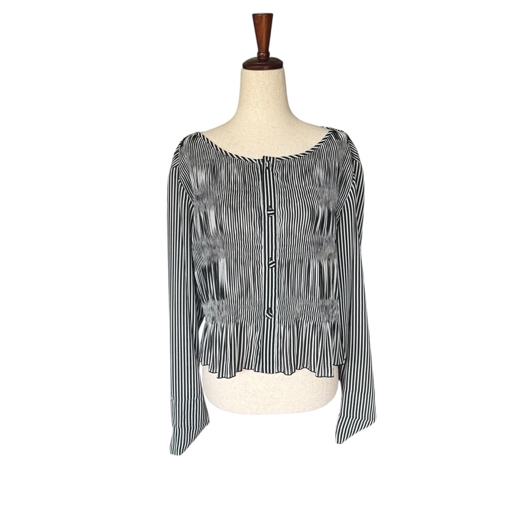 Vintage Vivienne Tam Sheer Black & White Op Art Top Ruched Pleated Miyake Large